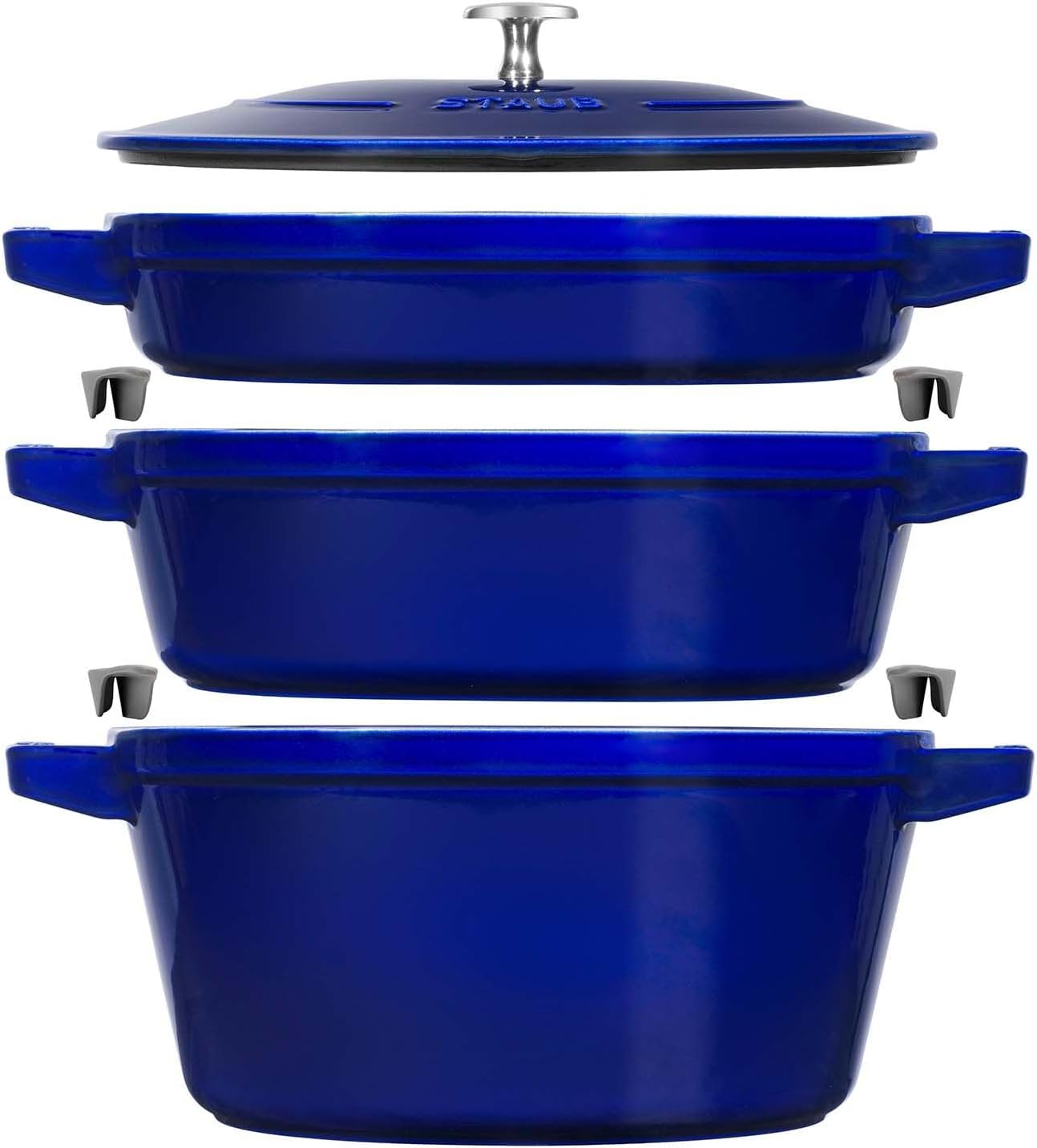 STAUB Cast Iron Set 4-pc, Stackable Space-Saving Cookware Set, Dutch Oven with Universal Lid, Made in France, Dark Blue