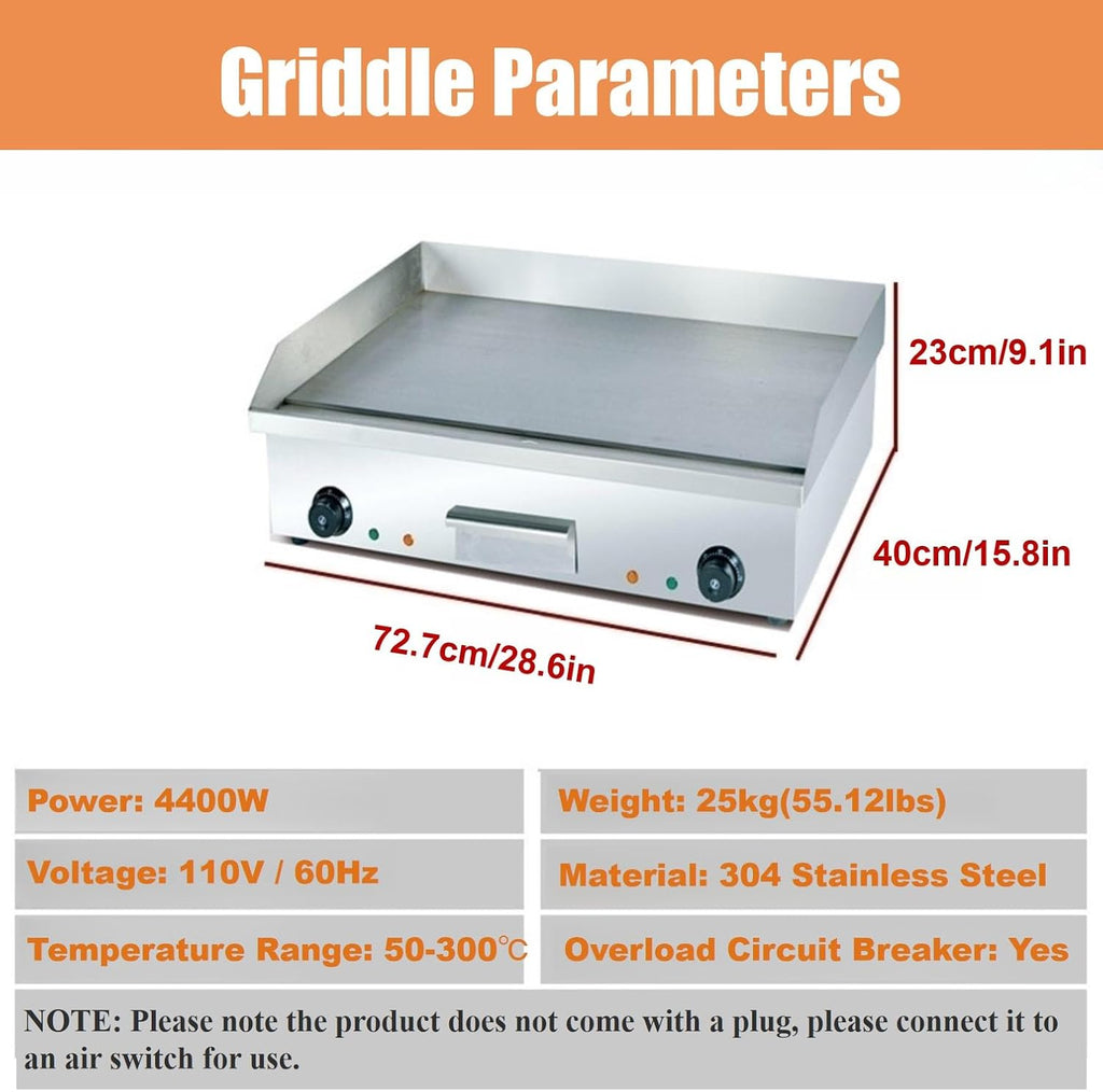 29' Commercial Electric Griddle-110V 4400W Electric Countertop Griddle Non-Stick Restaurant Teppanyaki Flat Top Grill Stainless Steel Adjustable Temperature Control 122°F-572°F(No plug included)
