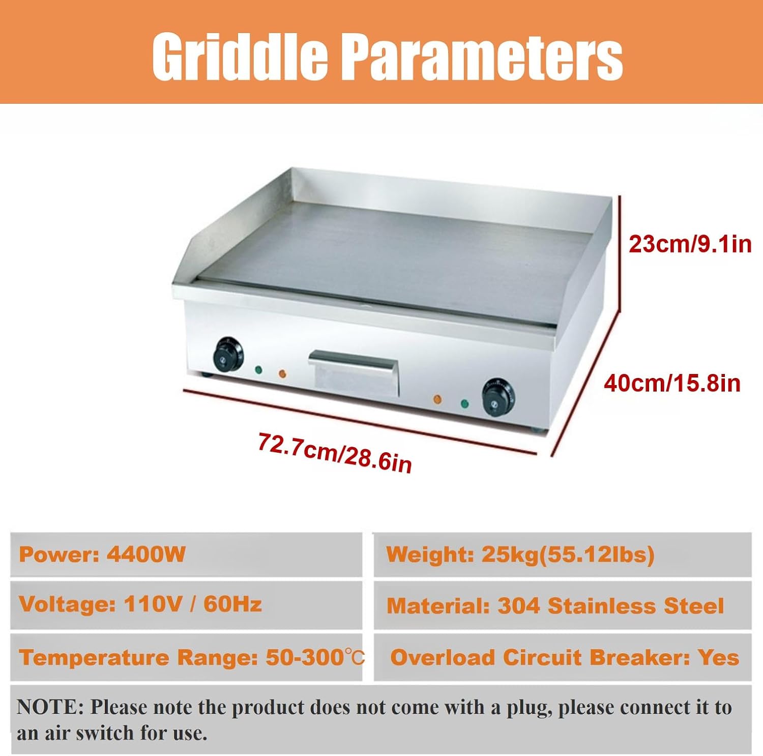 Electric Griddle 22' Countertop Griddle Non-Stick Stainless Steel Flat Top Grill for BBQ Teppanyaki Cooking with Adjustable Temperature Control 122°F-572°F