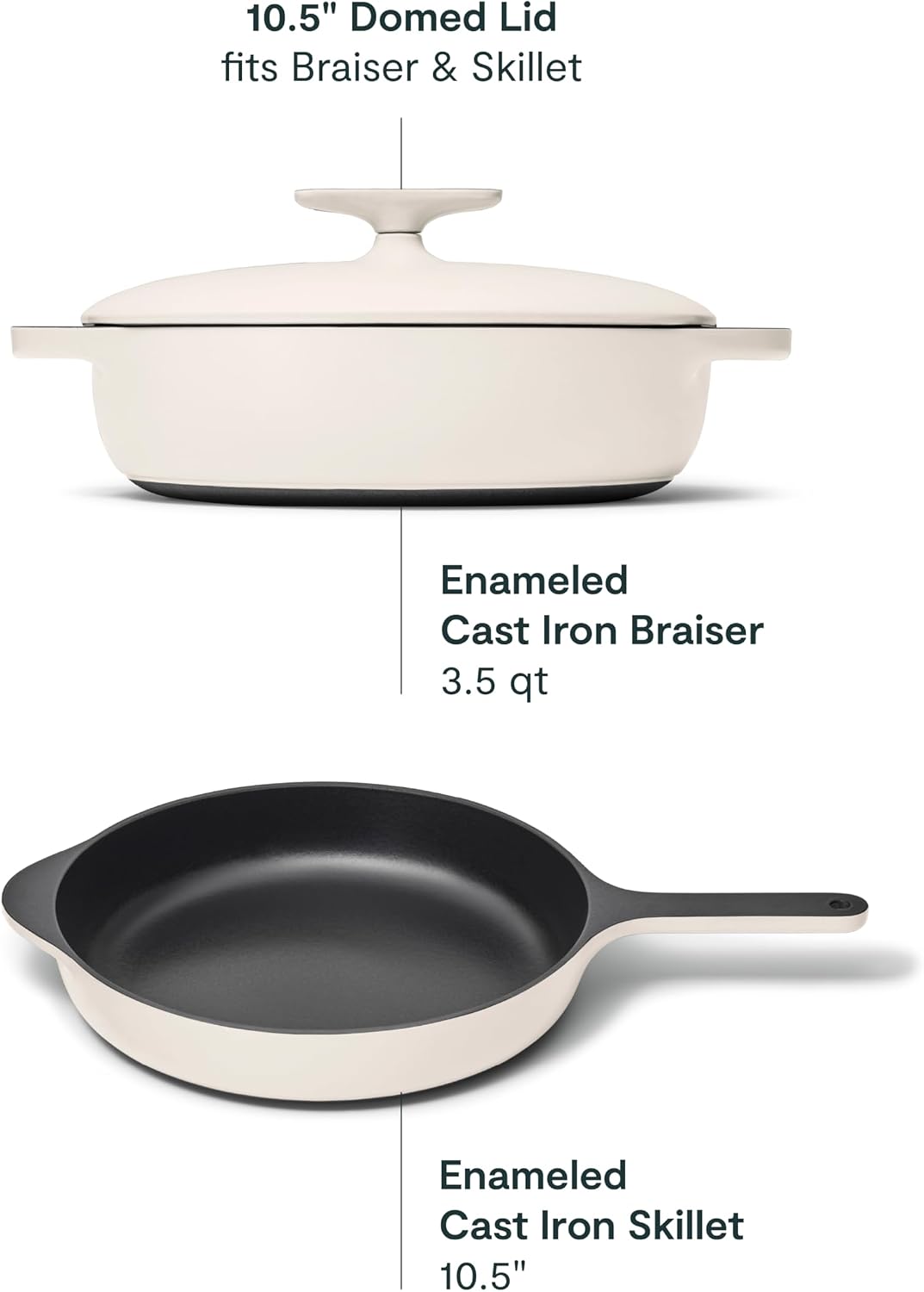Caraway 10.5' Cast Iron Skillet and 3.5qt Braiser Pan Duo - 3 Layer Enamel Coating - No Seasoning Required - Compatible With All Stovetops - Oven Safe - Free From Forever Chemicals - Cream