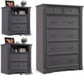 Bedroom Sets 3 Pieces, Farmhouse 6 Drawer Dresser and Nightstand Sets, Wood Bedroom Furniture Set for Bedroom, Living Room, Grey