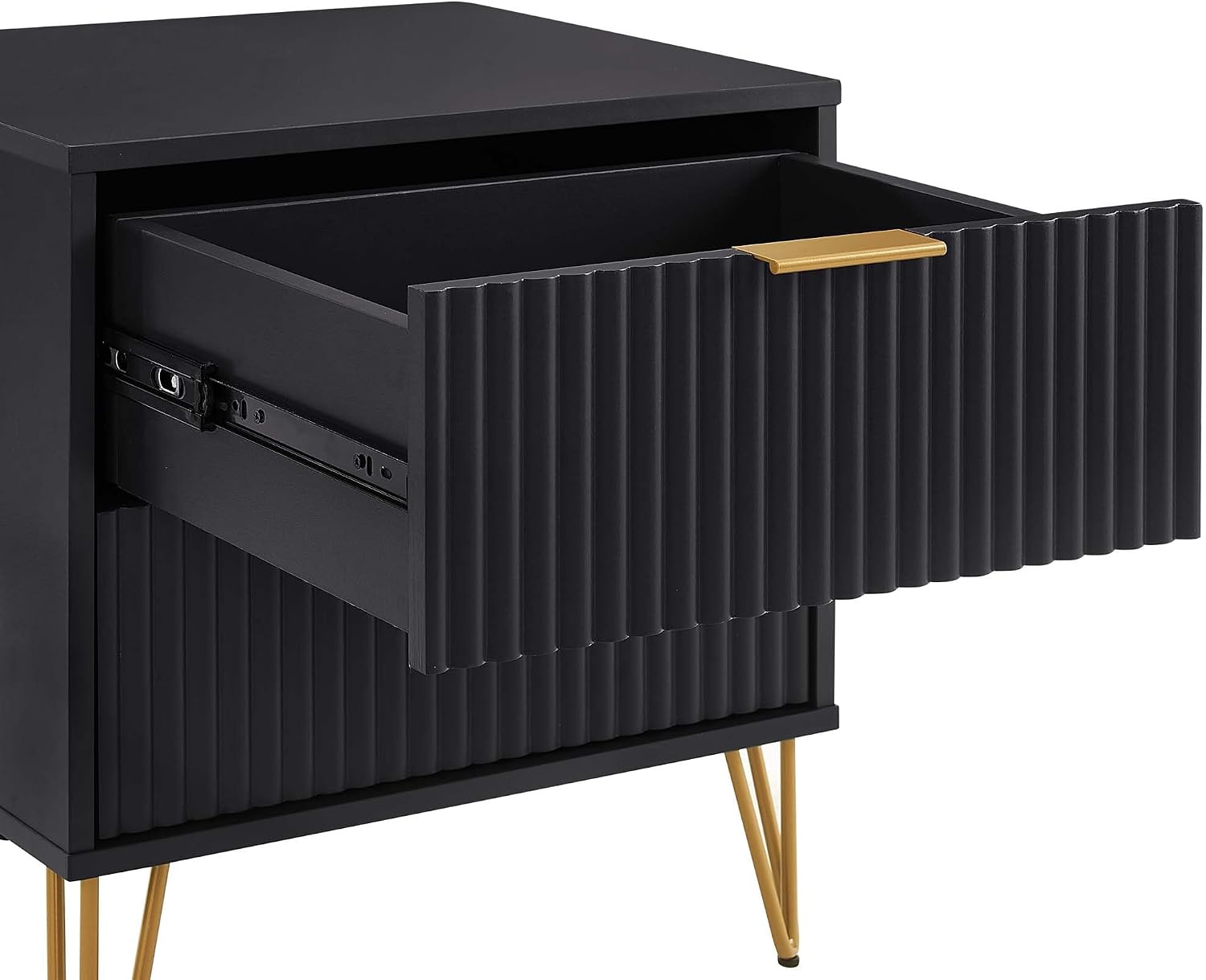 Manhattan Comfort Dumbo Modern Nightstand 2.0 with 2 Metal Feet | Splayed Gold Legs | Vertical Ribbed Design | No Tool Assembly Storage for Bedroom, Set of 2, Black