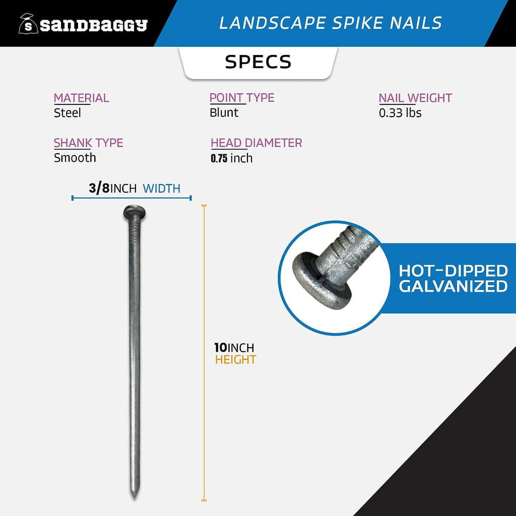 Sandbaggy 3/8' x 10' Landscape Spike Nails - Galvanized Timber Spikes - Construction, Landscape Edging, Framing, Landscape Fabric (3/8' x 10' (Galvanized), 800)