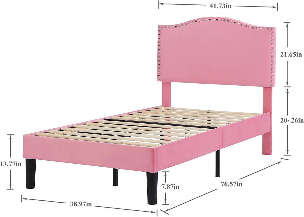 VECELO Twin Bed Frame, Platform Bed Frame with Adjustable Height Upholstered Headboard, Heavy-Duty Frame and Strong Wooden Slats Support, Non-Slip and Noise-Free, Easy Assembly, Pink