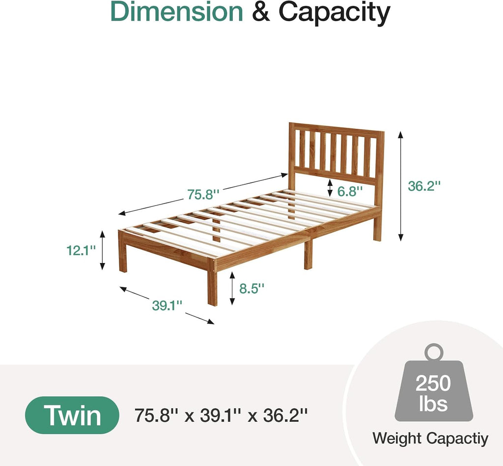 Novilla Twin Bed Frame Wood Twin Platform Bed Frame with 8.5 Inch Space Underneath, Bed Frame Twin with Headboard Solid Wood Bed Frame Foundation No Box Spring Needed, Easy Assembly