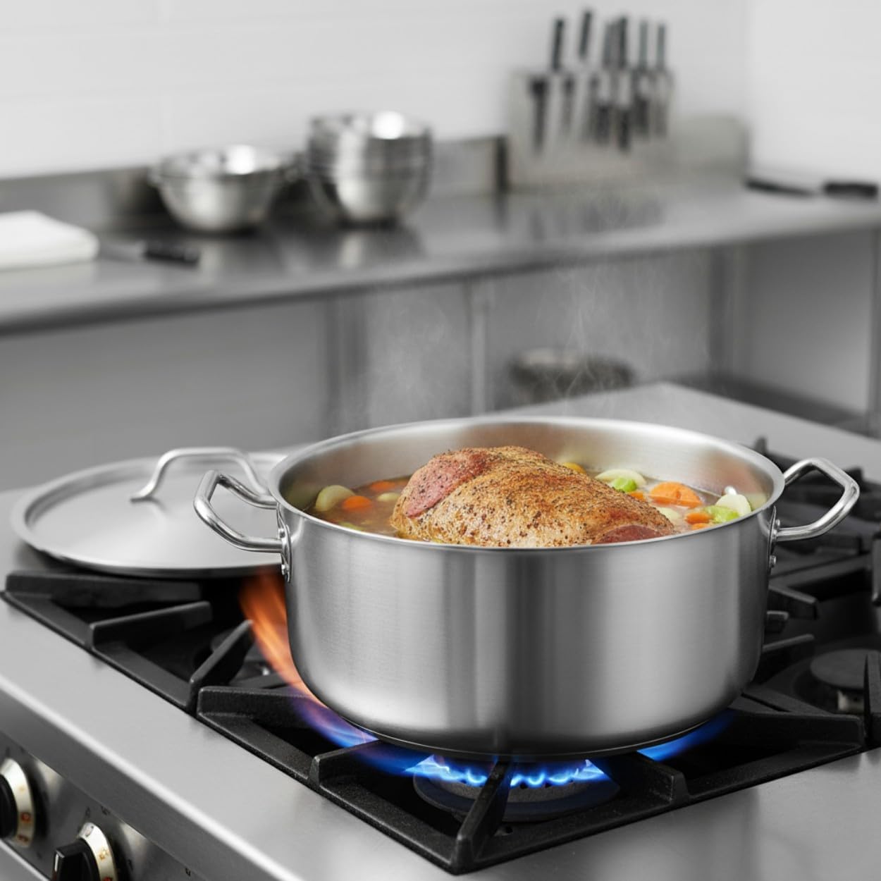 TrueCraftware- 20 Quart Stainless Steel Braiser Pot with Encapsulated Base and Cover - Heavy-Duty Brazier Pot Cookware Braiser for Soup Meat Bread Baking Dishwasher Safe and Oven Safe NSF Certified