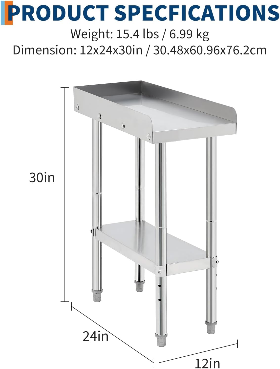 GarveeTech Stainless Steel Grill Stand Table - 12x24x30 Inches, 660 LBS Heavy-Duty Capacity, NSF Certified, with 2' Edge Baffle for Home, Commercial Restaurant Kitchen, Hotel