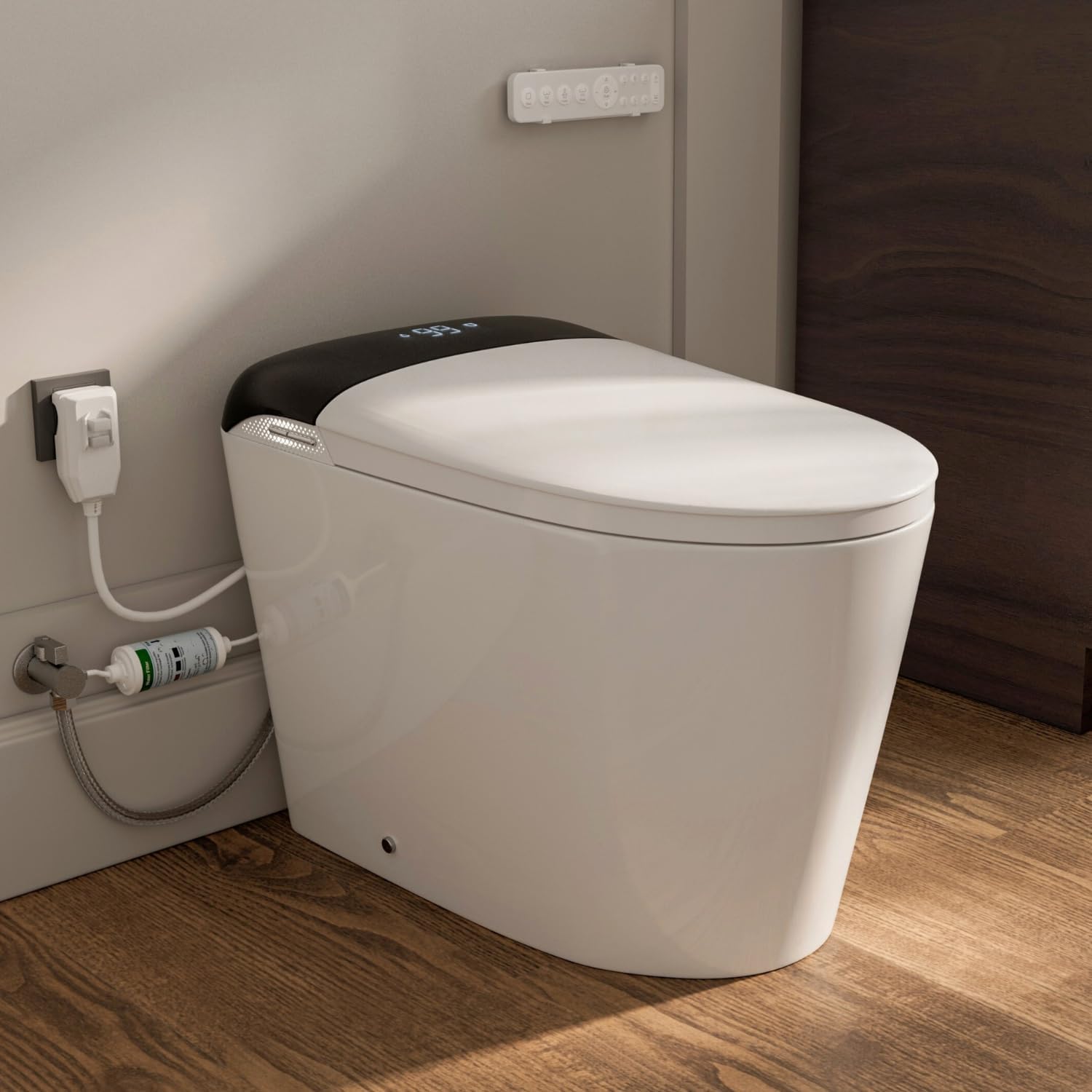 E5D Smart Toilet with Bidet, Built-In Water Tank, Battery Backup Flush, Foot Kick Flush, Instant Warm Water, Heated Seat, Warm Air Dryer, Night Light, Side Panel Control & Remote, ETL Plug