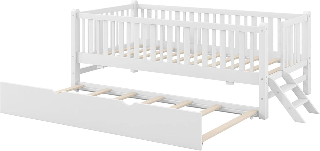 VilroCaz Twin Size Platform Bed with Guardrail and Trundle, Wood Kids Platform Bed Frame with Two-Step Ladder for Boys Girls, Sturdy Slats Support (White-1.26T)