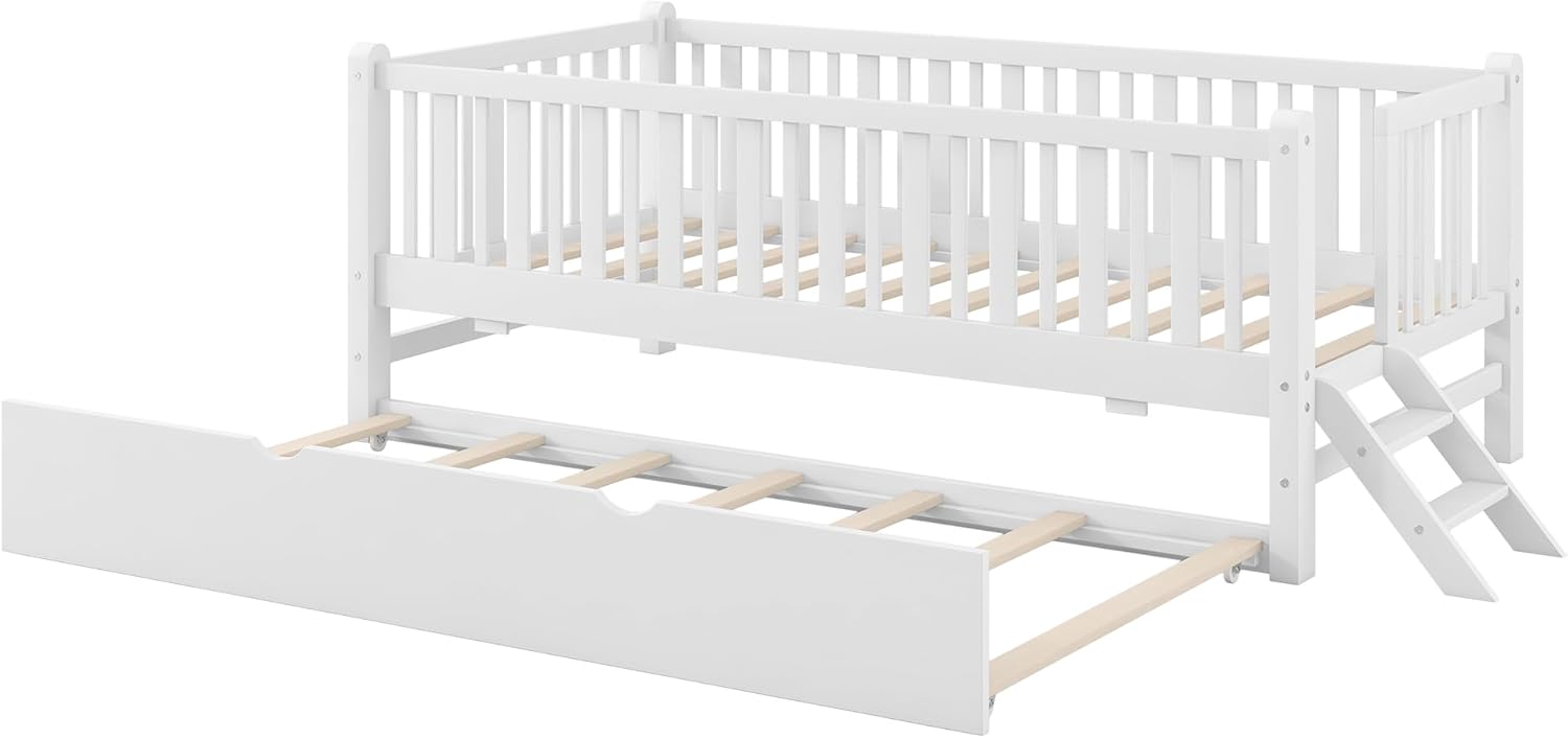 VilroCaz Twin Size Platform Bed with Guardrail and Trundle, Wood Kids Platform Bed Frame with Two-Step Ladder for Boys Girls, Sturdy Slats Support (White-1.26T)
