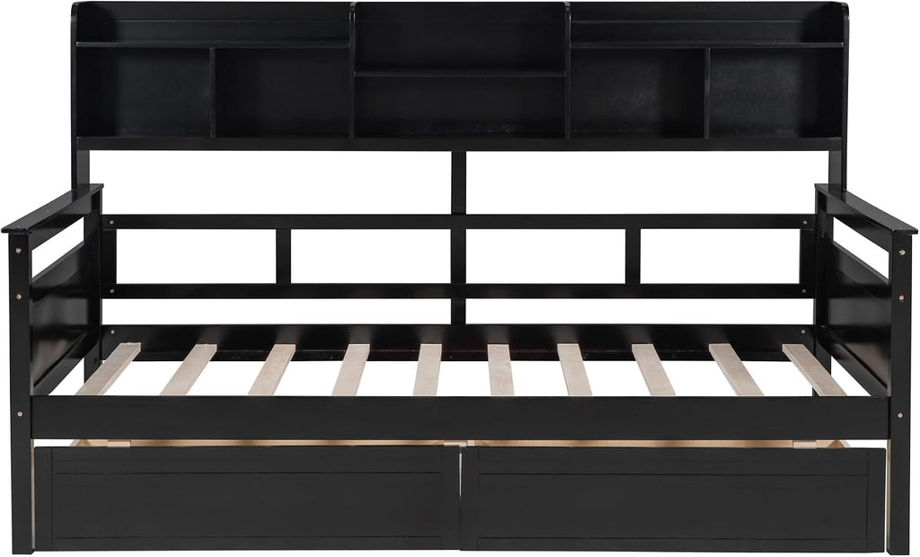 Merax Daybed with Bedside Shelves and 2 Drawers, Wooden Slats Support, Modern Living Daybed with Rails, Twin Size, Espresso