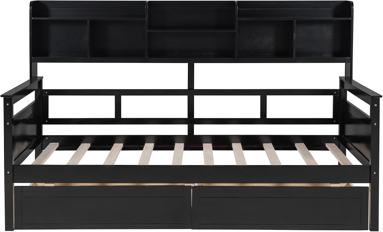 Merax Daybed with Bedside Shelves and 2 Drawers, Wooden Slats Support, Modern Living Daybed with Rails, Twin Size, Espresso
