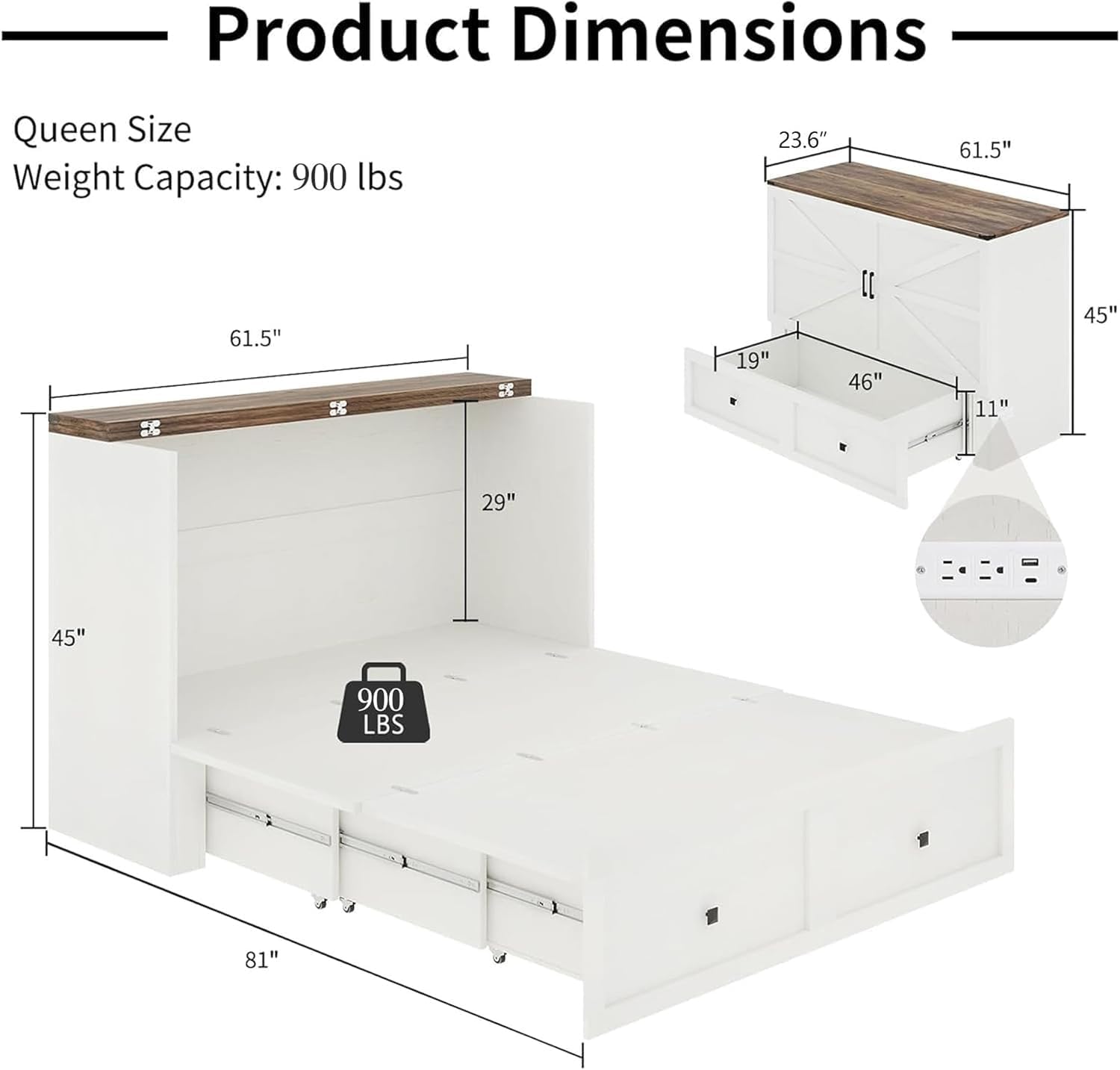 LUXOAK Murphy Bed with Charging Station, Queen Size Cabinet Bed with Large Storage Drawer for Home Office or Small Room, Hideaway Foldable Platform Bed, White