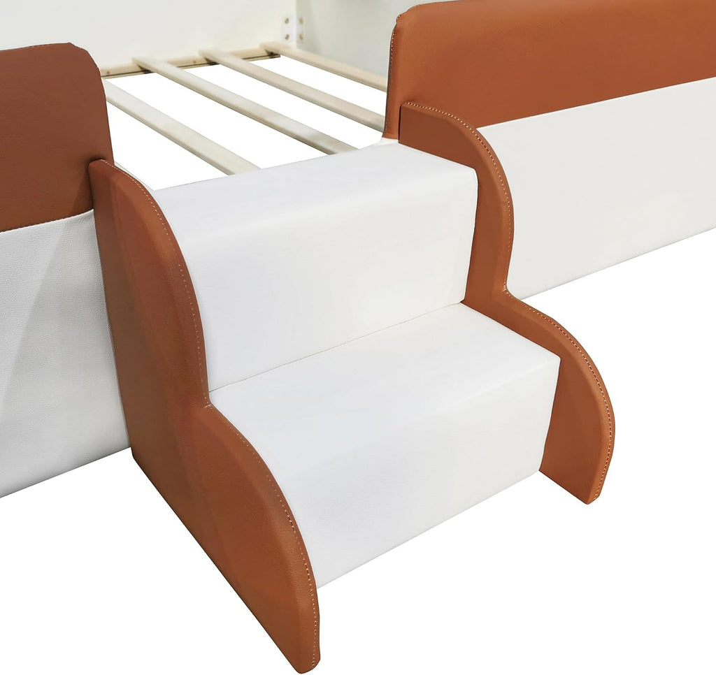 VilroCaz Queen Size Upholstered Daybed Frame with Fence and Stairs, Montessori Kids Floor Bed with Sturdy Slat Support for Kids Boys Girls (Brown+Queen)