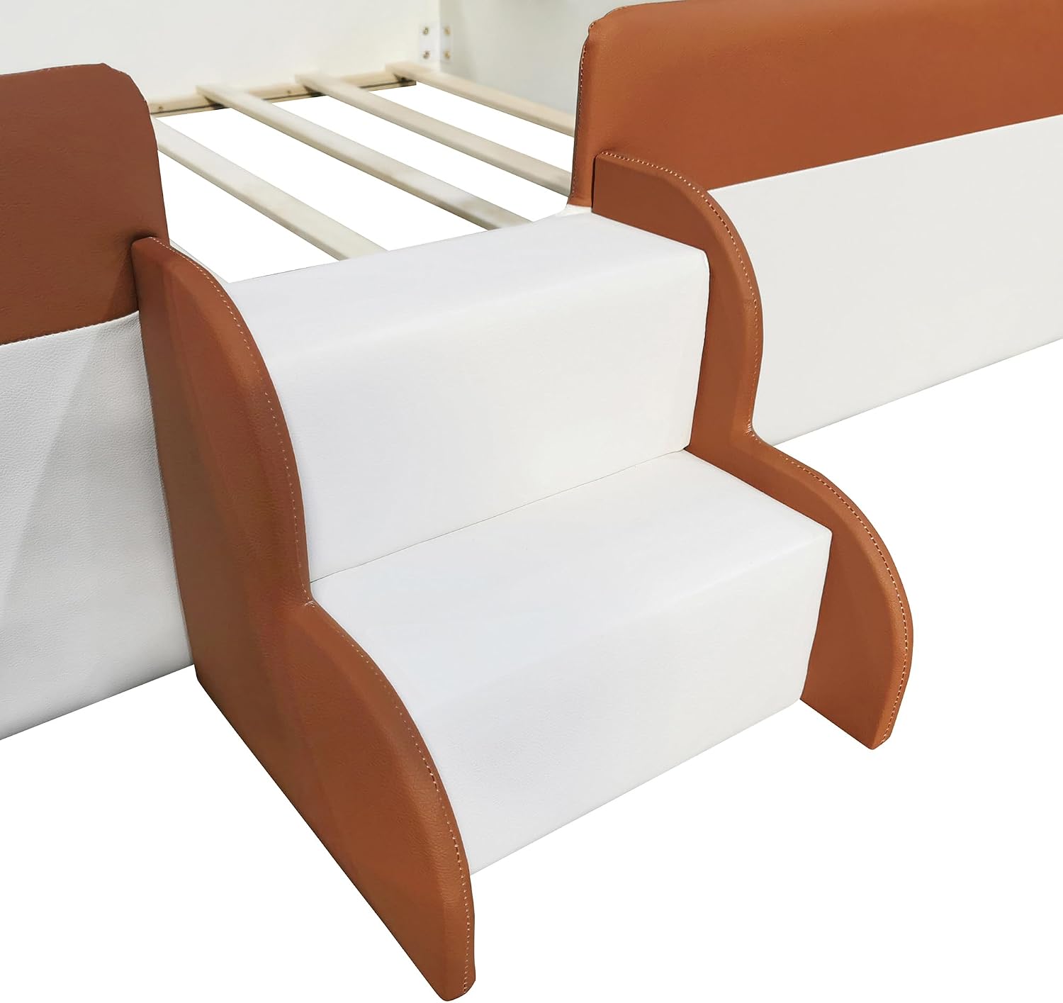 VilroCaz Queen Size Upholstered Daybed Frame with Fence and Stairs, Montessori Kids Floor Bed with Sturdy Slat Support for Kids Boys Girls (Brown+Queen)