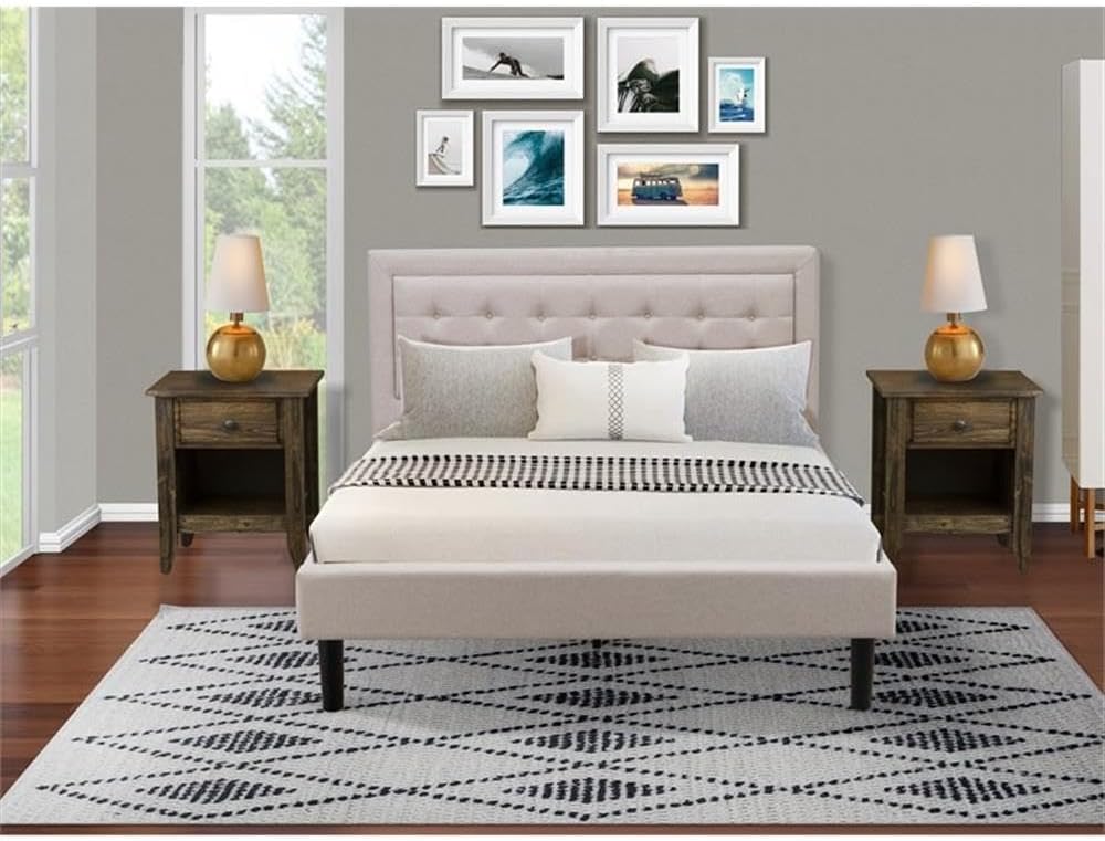 East West Furniture FN08Q-2GA07 3-Piece Fannin Bedroom Furniture Set with 1 Platform Bed Frame and 2 Bedroom Nightstands - Reliable and Durable Construction - Mist Beige Linen Fabric