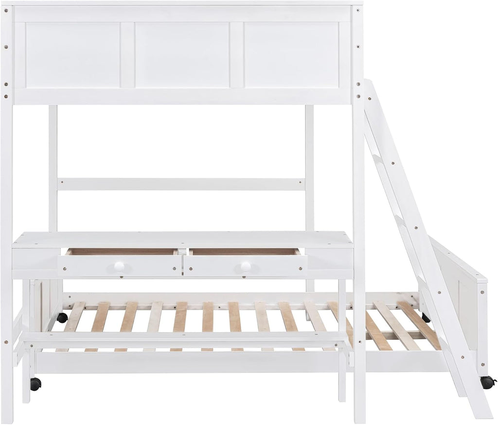 Ball & Cast Full Over Full Bunk Bed with Safty Guardrail & Stairway,Heavy Duty Wood Loft Bedframe W/Desk & Drawers,Easy Assembly,Versatile Functional Bedroom Furniture Set for Boy Girl Teens,White