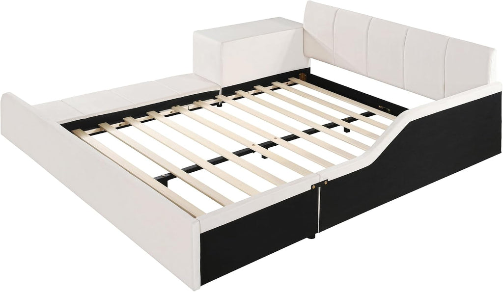 Merax Full Size Velvet Bed Frames Upholstered Grounded Bed, Wooden Mother & Child Bed with Bedside Desk and Little Round Stool,Kids Adults Bedroom Floor Platform Bed,Beige