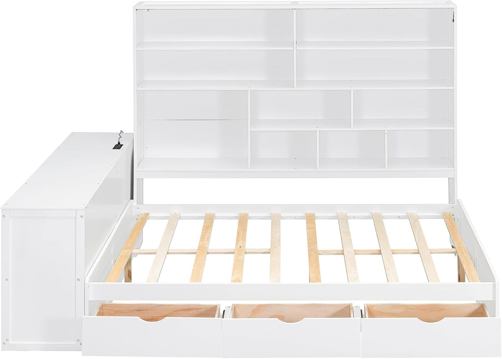 KLMM Full Size Wooden Daybed with Three Drawers,Desk,Shelves and Lights,for Kids Teens Adults Bedroom Use (White/Drawers, Full)