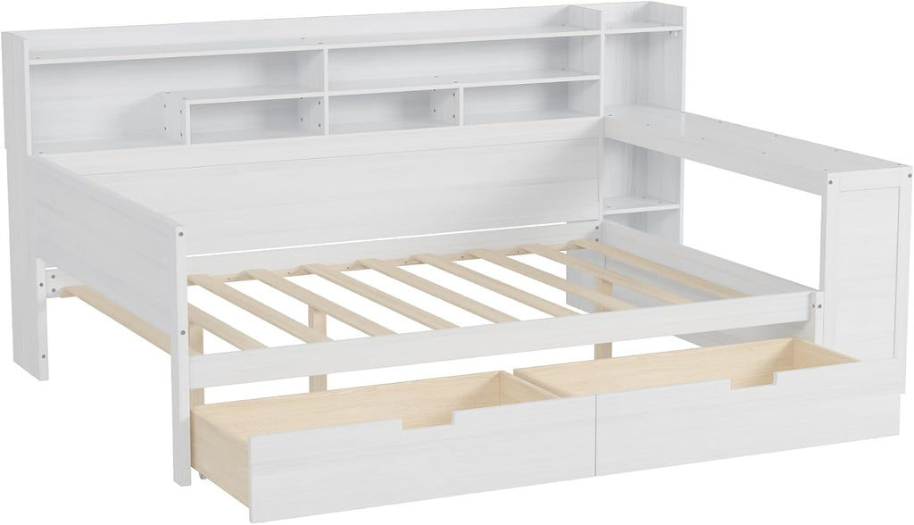Full Size Daybed with Desk,Storage Drawers and Shelves, Pine Wood Captains Bed Frame with Bookcase and Headboard for Kids Boys Girls Teens, Antique White