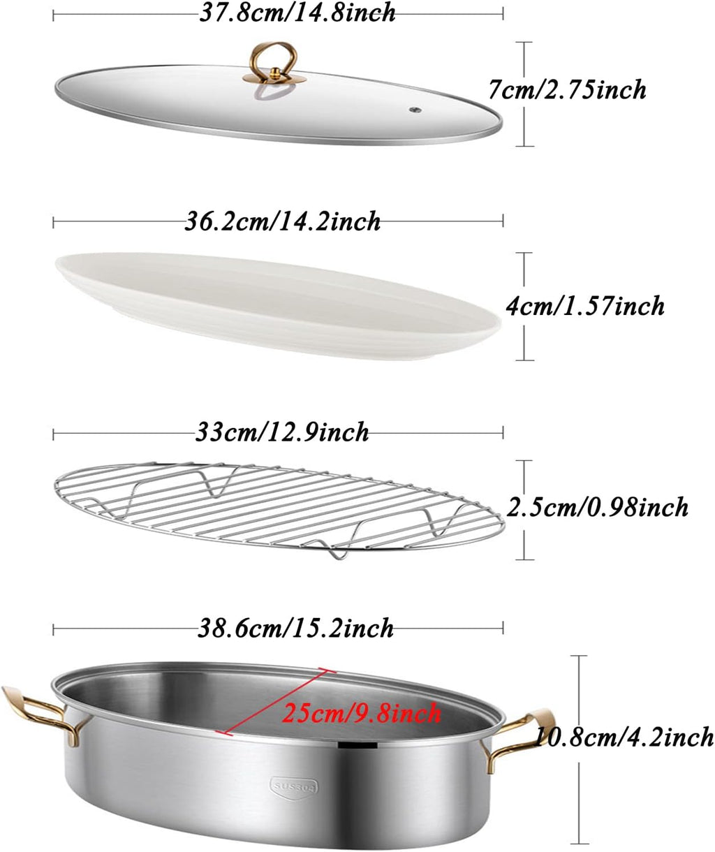Stainless Steel Fish Steamer Elliptical Roasting Pan Multi-Use Oval Pasta Pot Braiser Stockpot with Rack, Induction Compatible Dishwasher/Oven Safe Turkey Roaster (Double Layer)