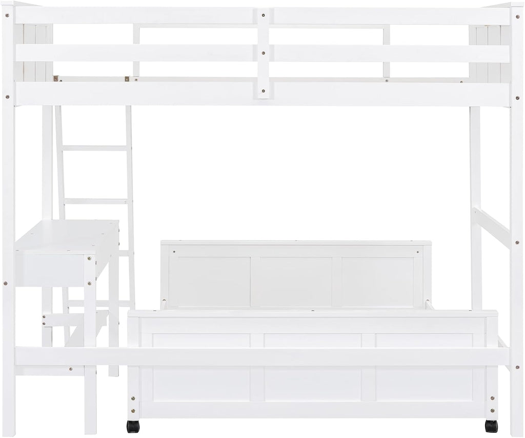 Ball & Cast Twin Over Full Bunk Bed with Safty Guardrail & Stairway,Heavy Duty Wood Loft Bedframe W/Desk & Drawers,Easy Assembly,Versatile Functional Bedroom Furniture Set for Boy Girl Teens,White