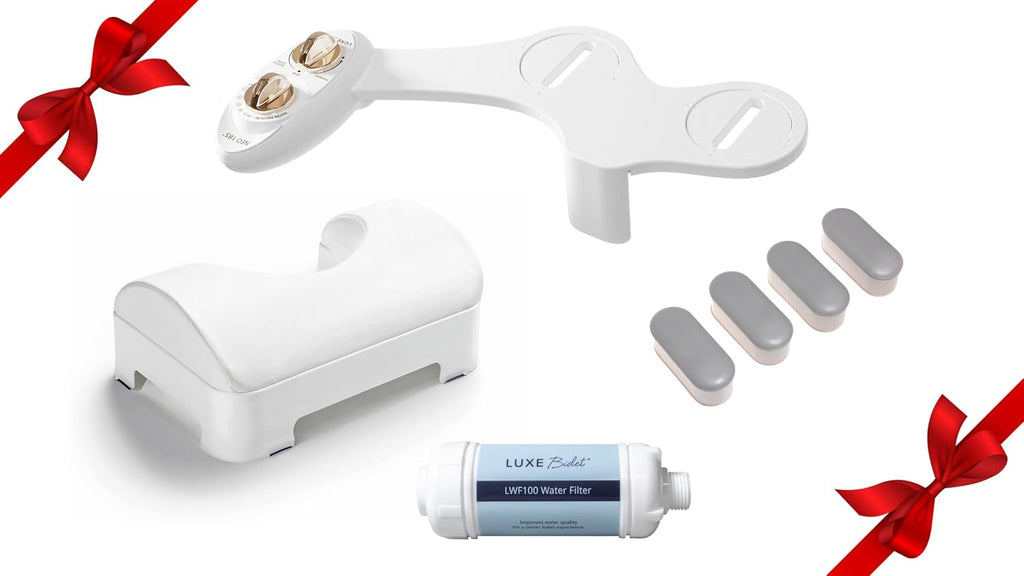 LUXE Bidet NEO 185 Gold Bidet Attachment, Comfort Soft Footstool, Toilet Seat Bumpers, and Water Filter Gift Set