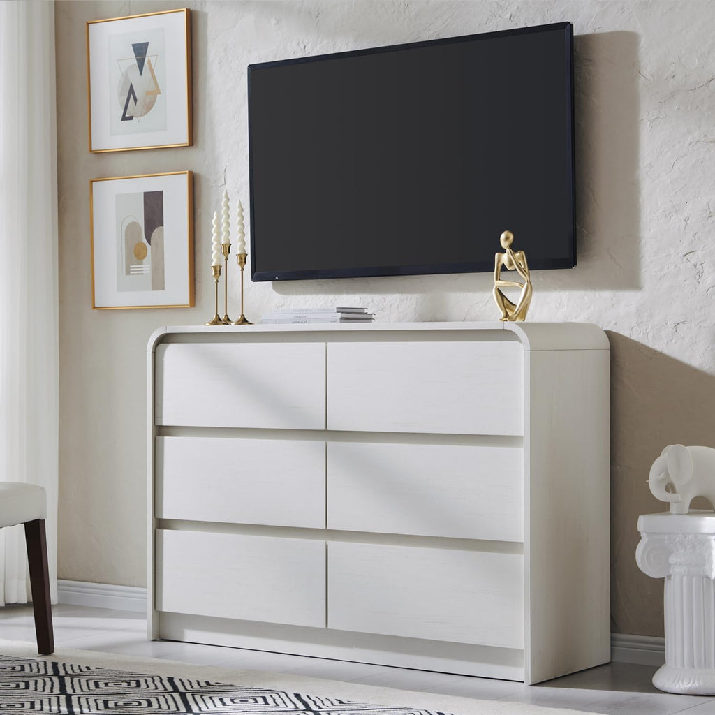 Aitjunz Modern 6 Drawers Dresser for Bedroom, 47' Wide Wood Dressers & Chests of Drawers with Curved Profile Design, Mid Century Modern Dresser for Closet for Bedroom, Living Room, Antique White