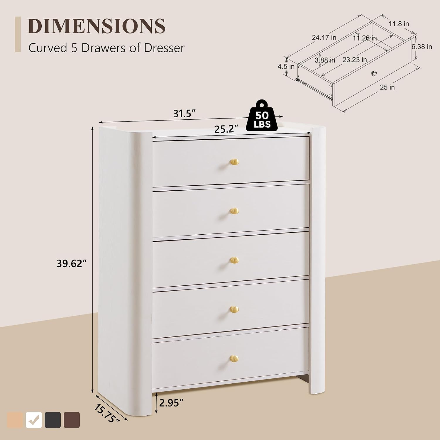 IFGET Modern 5 Drawer Dresser for Bedroom, Wooden Chest of Drawers with Curved Profile Design, 39.6' Tall Wood Dresser with Golden Metal Handle for Bedroom, Living Room, Hallway-White