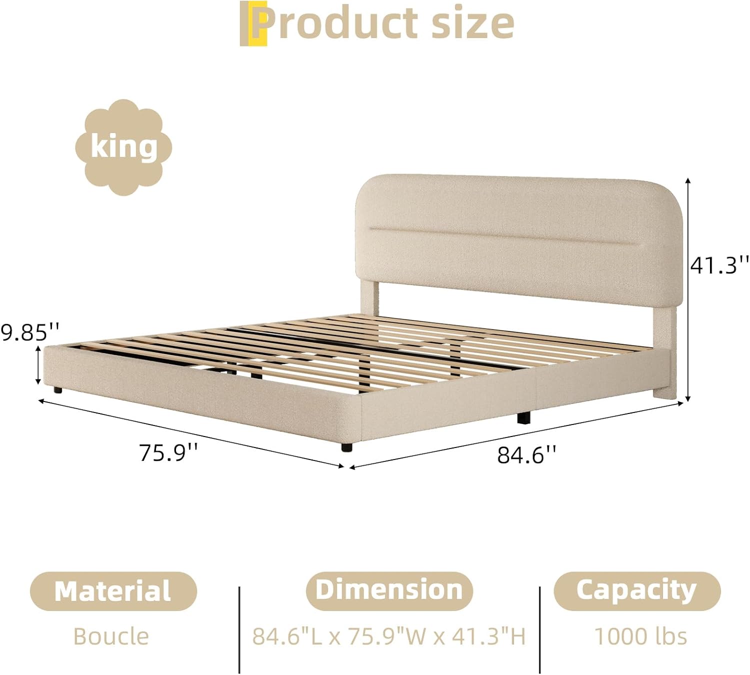 HOMBCK King Size Boucle Bed Frame, Upholstered Cloud Bed Frame with Headboard, Soft Platform Bed Frame with Thickened Footboard, Rounded Corners, No Box Spring Required, Easy Assembly, Beige