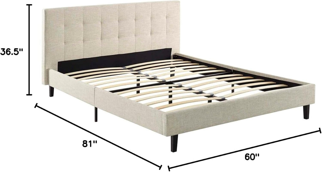 Modway MOD-5424-BEI Linnea Upholstered Beige Full Platform Bed with Wood Slat Support
