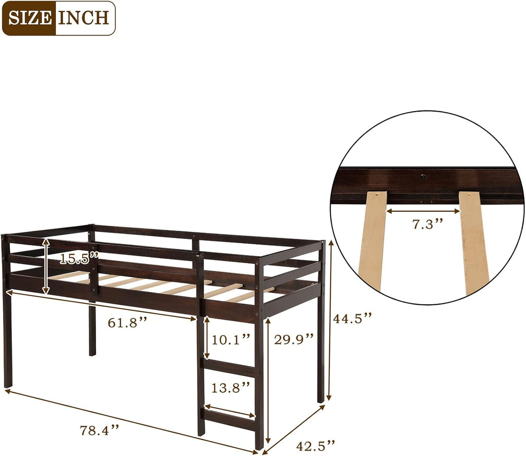 Bellemave Low Loft Bed Wood Loft Bed Frame with Storage Cabinet and Rolling Portable Desk for Kids and Teen, Boys, Girls, Twin,Espresso