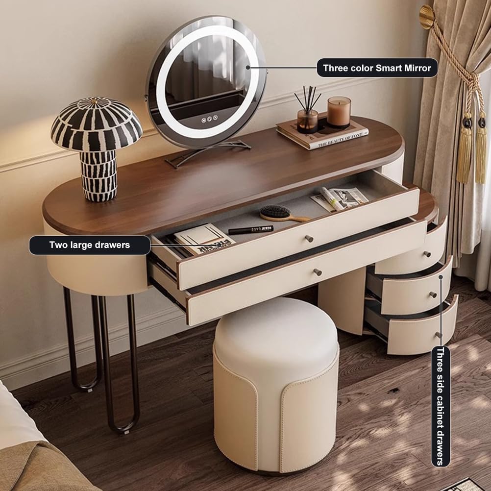 Modern Dressing Table with Mirror, Rounded Vanity Table with Storage and Metal Legs, Cylindrical 3-Drawer Cabinet, Vanity Set for Bedroom