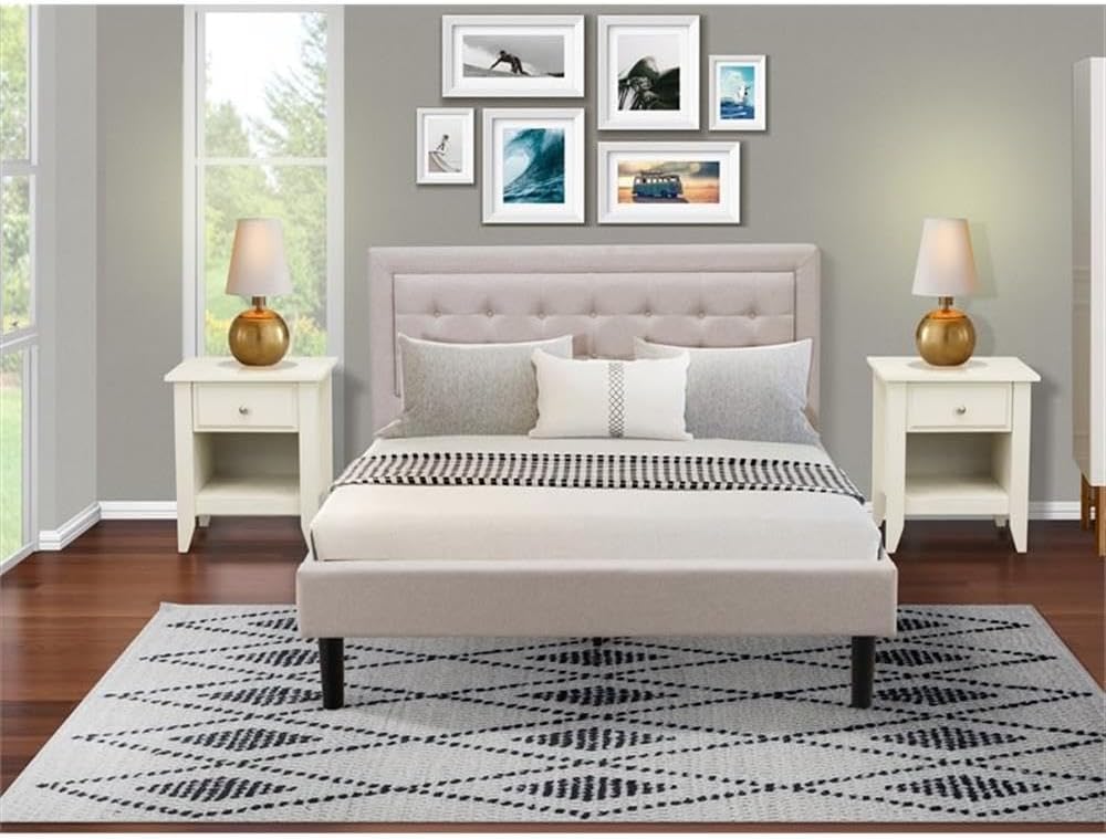 East West Furniture FN08Q-2GA0C 3-Piece Fannin Bedroom Furniture Set with 1 Queen Size Bed and 2 Mid Century Nightstands - Reliable and Sturdy Manufacturing - Mist Beige Linen Fabric