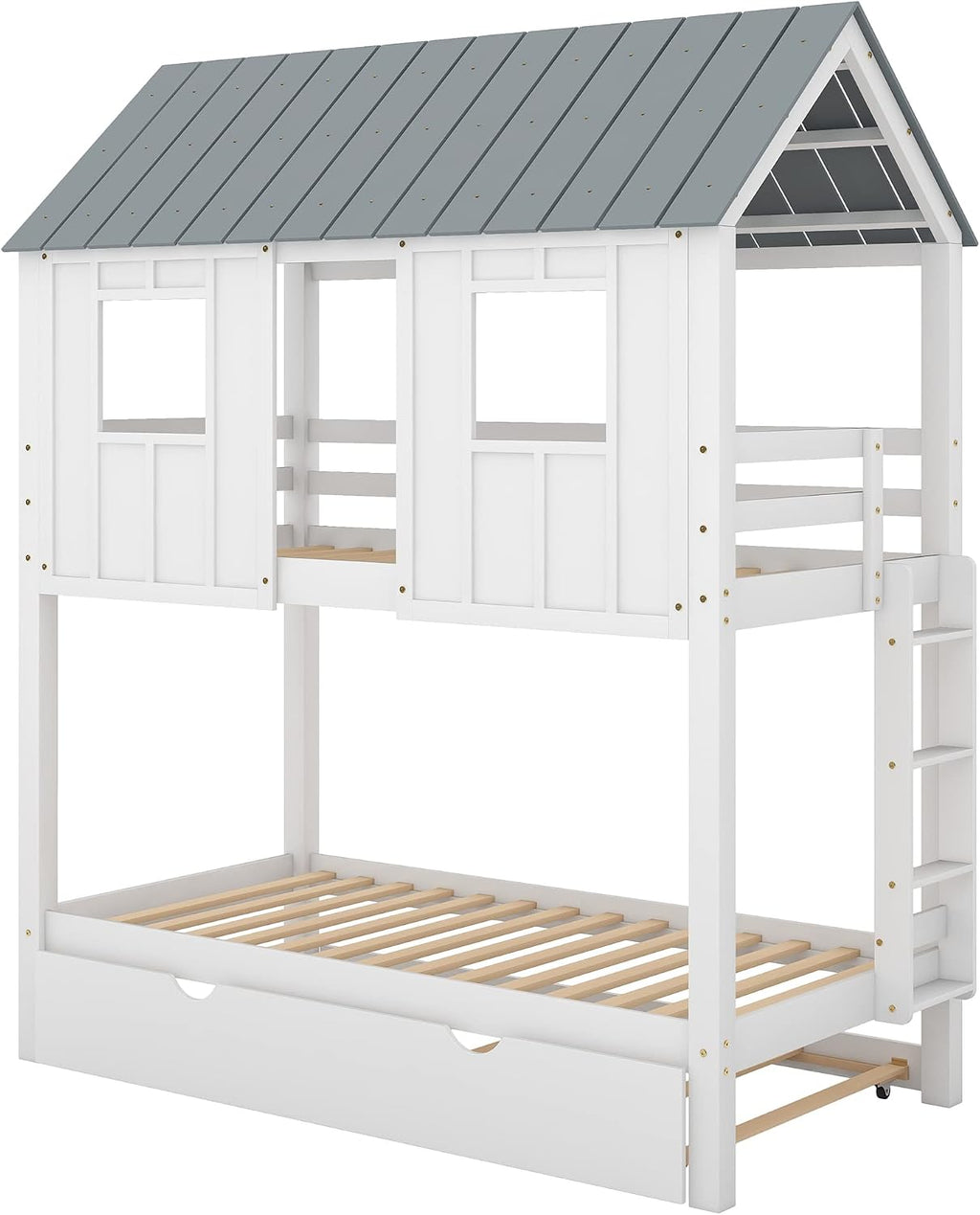Polibi Twin-Over-Twin House Bunk Bed with Trundle, Twin Size Wooden House Bunk Bed with Roof, Windows, Ladder and Guardrails