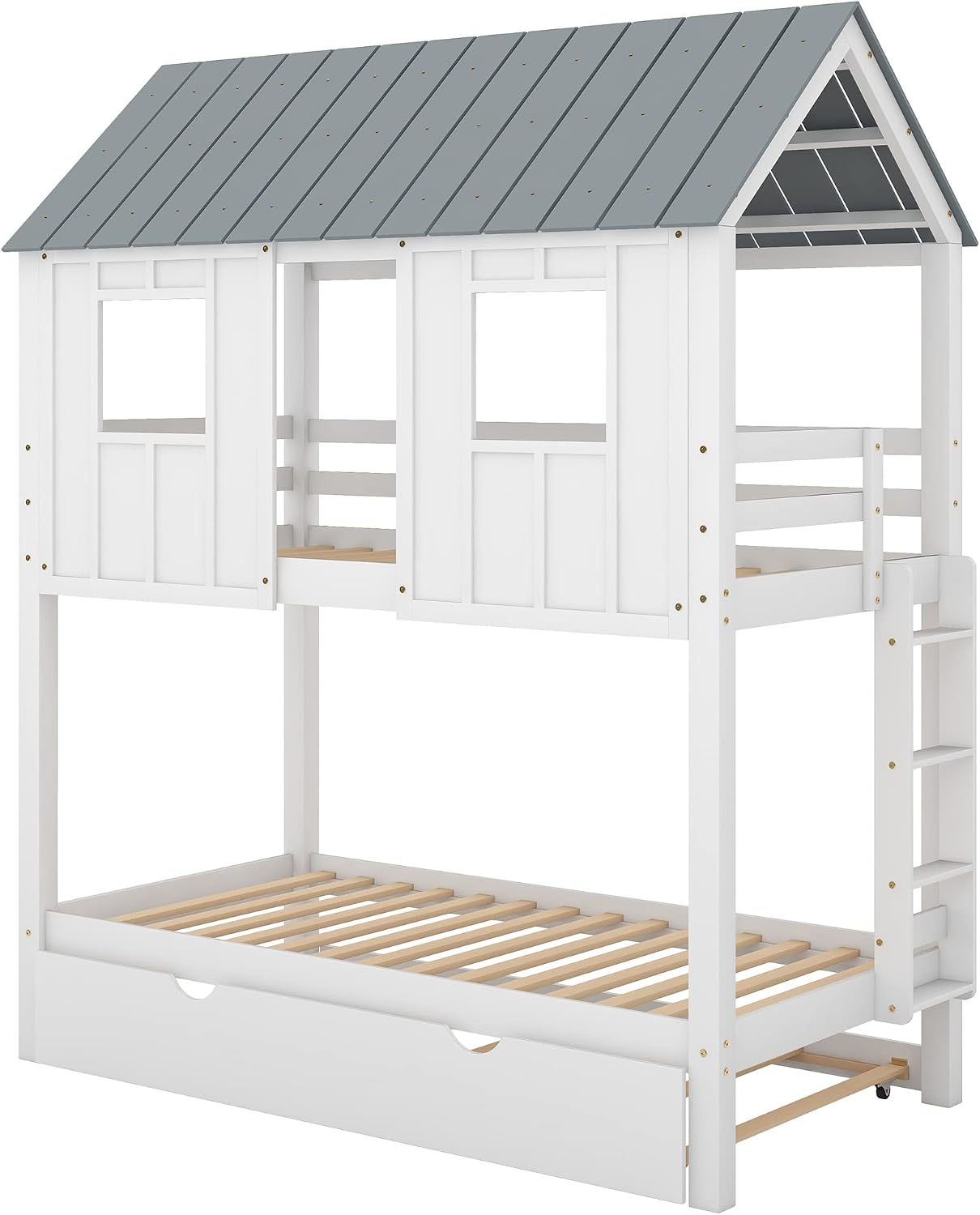 Polibi Twin-Over-Twin House Bunk Bed with Trundle, Twin Size Wooden House Bunk Bed with Roof, Windows, Ladder and Guardrails
