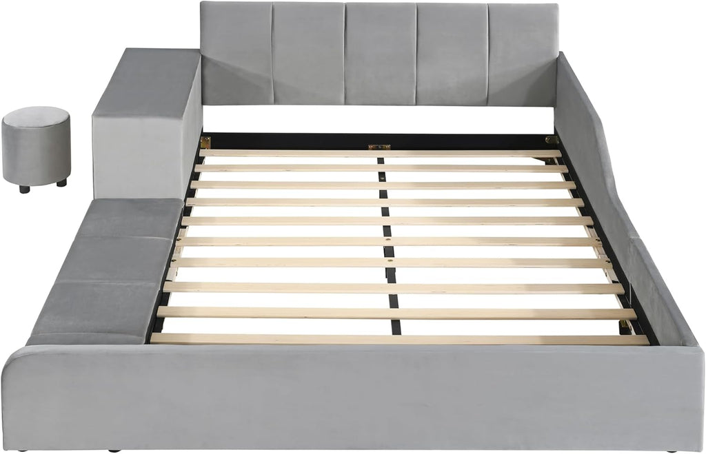 Merax Full Size Upholstered Grounded Bed, Mother & Child Bed with Bedside Desk and Little Round Stool, Velvet, Gray