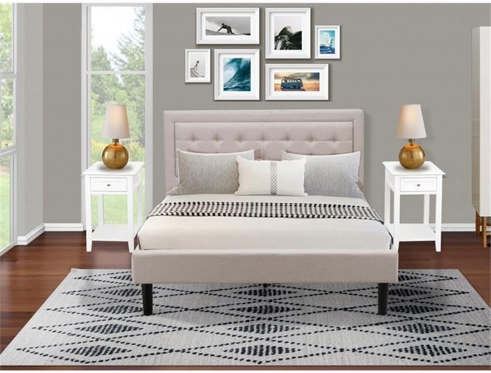 East West Furniture FN08Q-2DE05 3-Piece Platform Queen Bedroom Set with 1 Upholstered Bed and 2 Small Nightstands - Mist Beige Linen Fabric