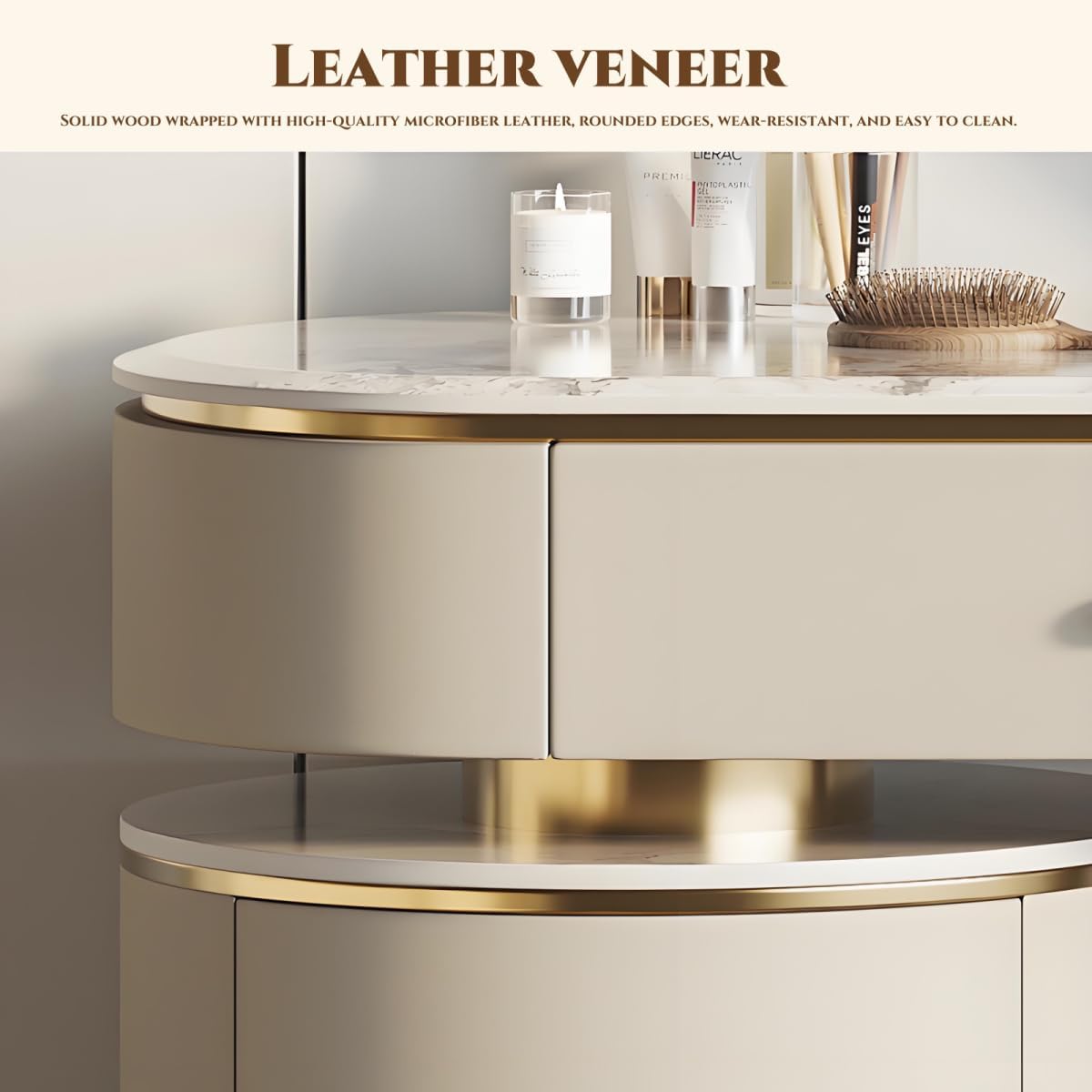 Leather Vanity Set - Solid Wood Makeup Vanity with Rock Slab Countertop, 4 Drawers, Modern Dressing Table Include LED Lights Mirror & Stool, Stainless Steel Base for Bedroom (Beige,35.43'')