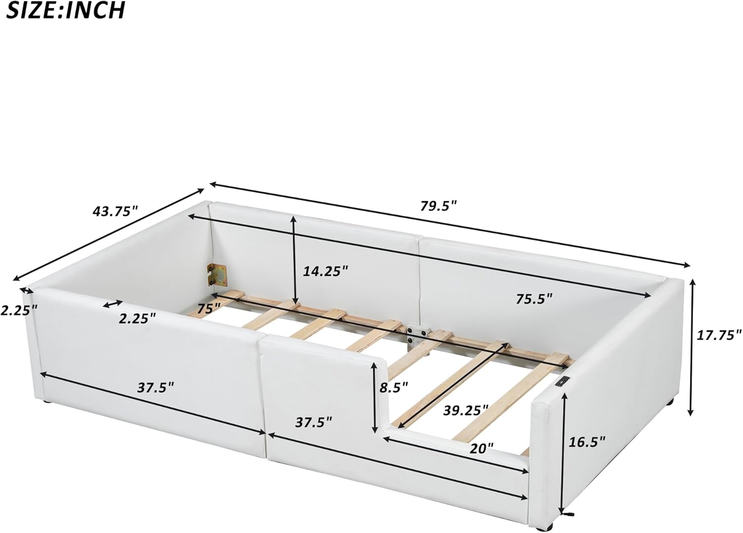 VilroCaz Twin Size Upholstered Platform Bed with Safety Guardrail, Montessori Kids Floor Bed, Child Grounded Bed with Charging Station and Sturdy Slats Support
