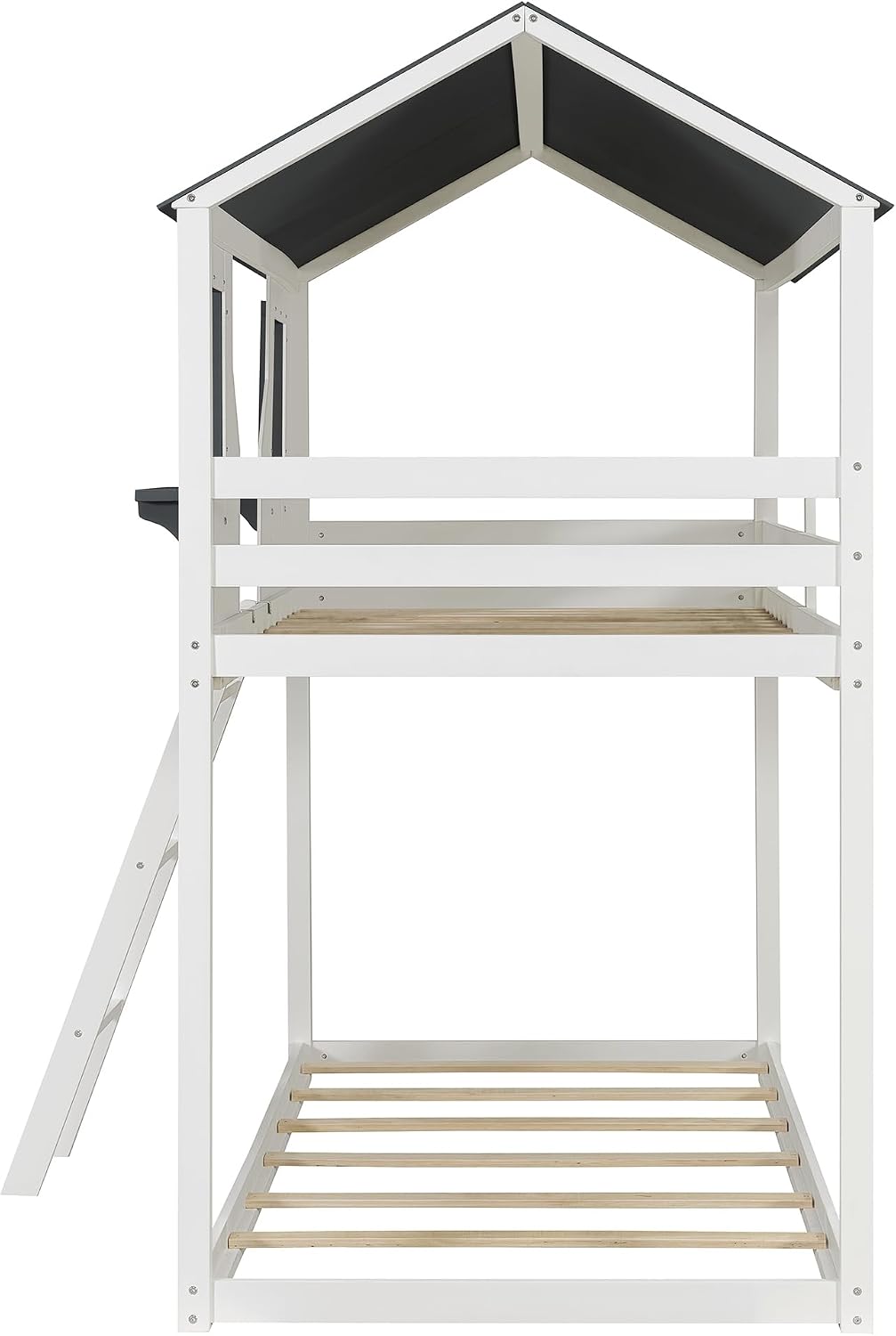 Polibi Twin Over Twin Low Bunk Bed, Wooden House Bed with Roof, 2 Front Windows, 2 Small Shelves, Ladder and Guardrail, White