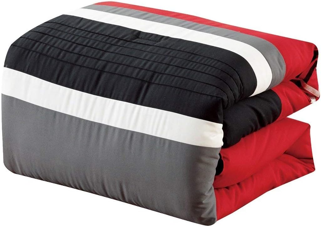 Chezmoi Collection Arden 7-Piece Modern Pleated Stripe Embroidered Zigzag Bedding Comforter Set (Oversized King, Red/Black/Gray/Off-White)