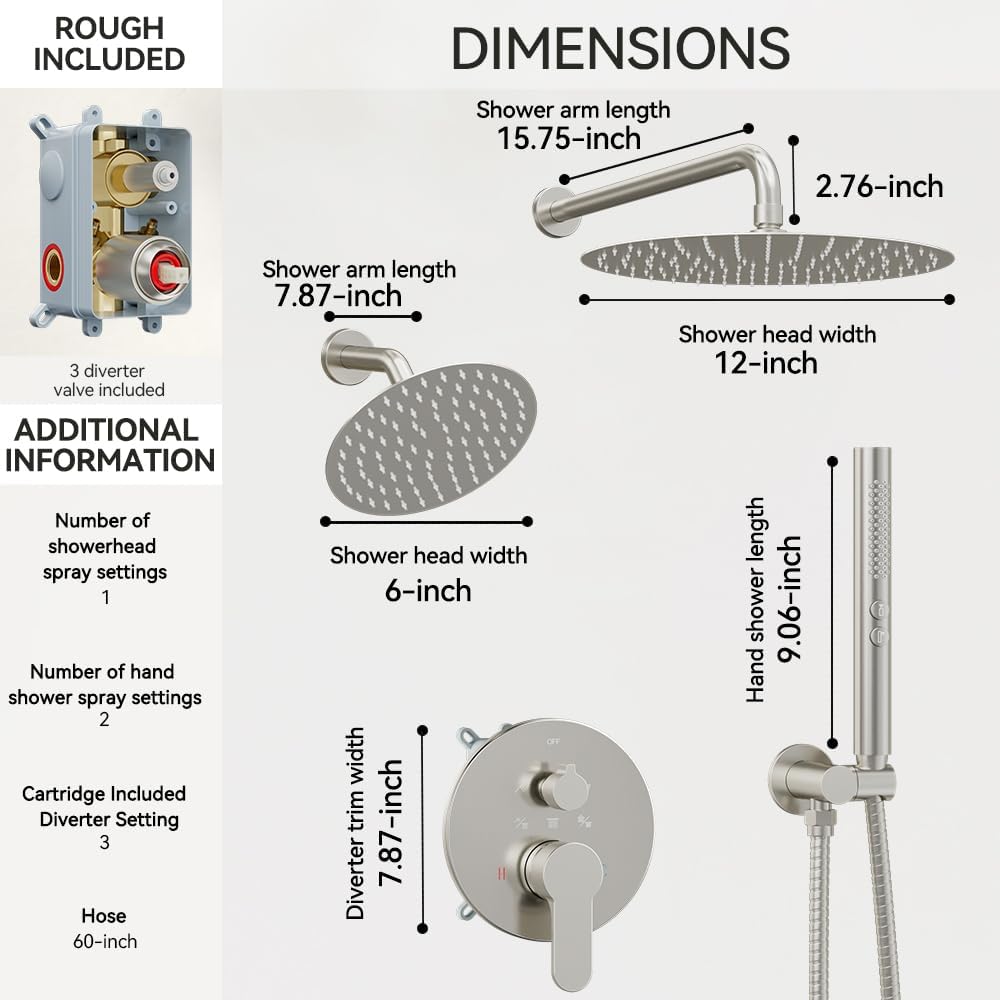 Shower Systems STARBATH 12+6' Round Dual Rainfall Shower Head with Handheld Spray for Two People, Wall Mounted 3 Way Rain Shower Faucet Sets Complete, Included Valve and Trim Kit, Brushed Nickel