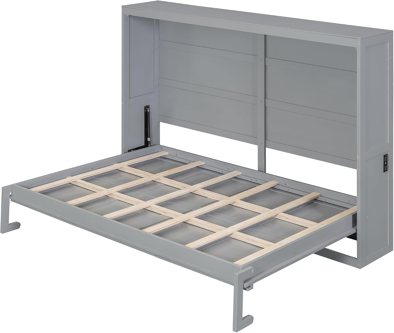 Harper & Bright Designs Full Size Murphy Bed, Wooden Full Murphy Wall Bed Frame with a Set of Sockets & USB Ports, Gray