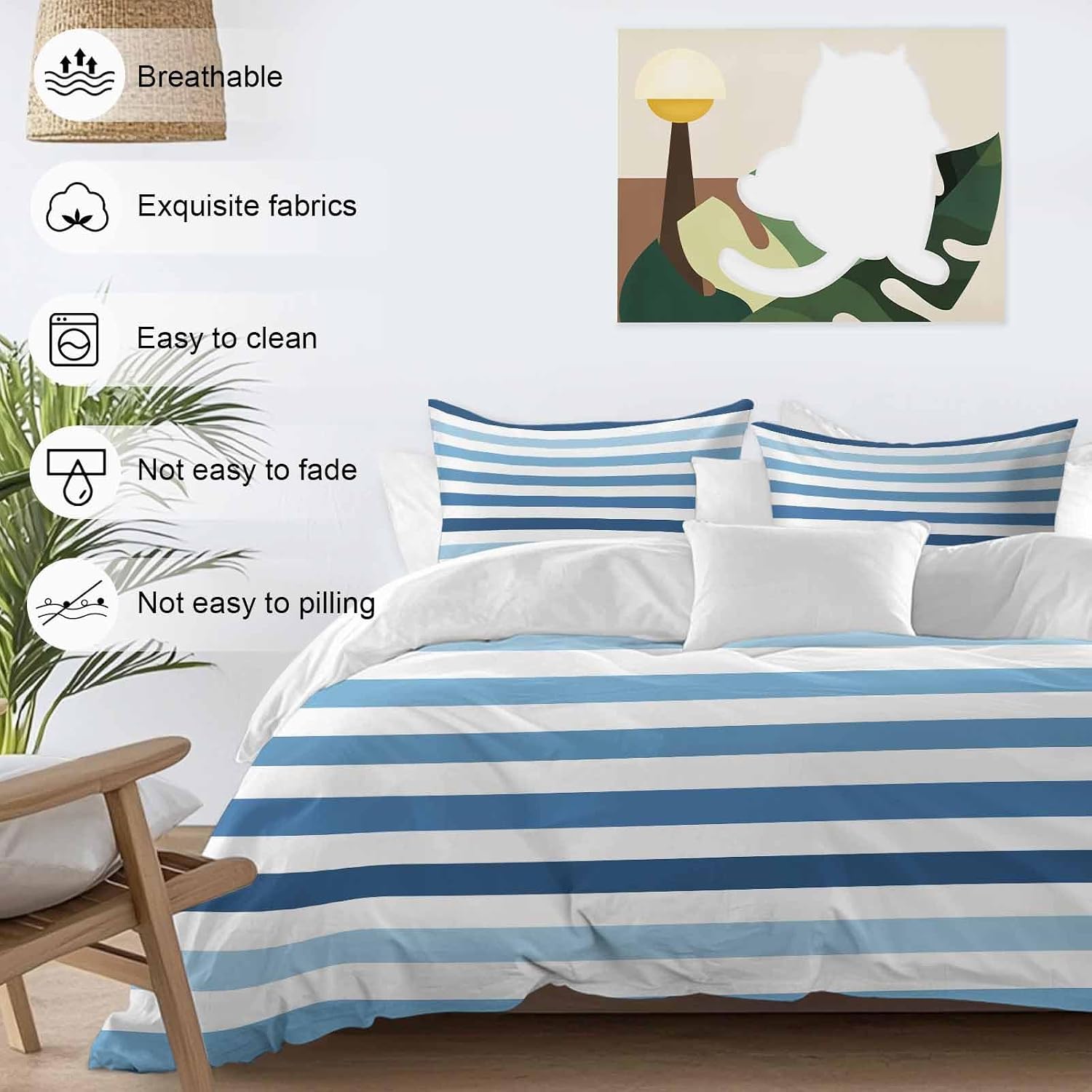 Prime Leader Gradient Blue White Striped Duvet Cover Set Queen Size 4 Pieces Modern Minimalist Lines Bedding Set with Zipper Closure, 1 Comforter Cover 86x86 Inches 1 Flat Sheet & 2 Pillow Cases
