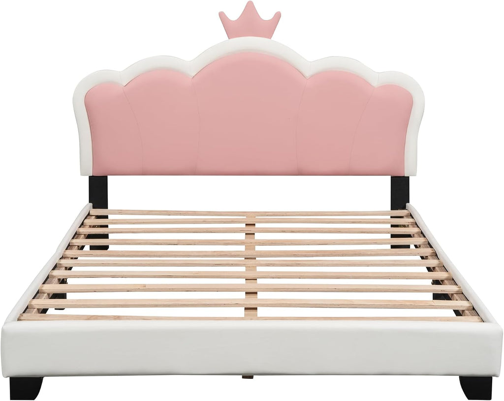 Merax Kid Full Upholstered Day Bed Frame with Crown Headboard, Wood Princess Low Platform Bed for Boys Girls,Easy Assemble White+Pink