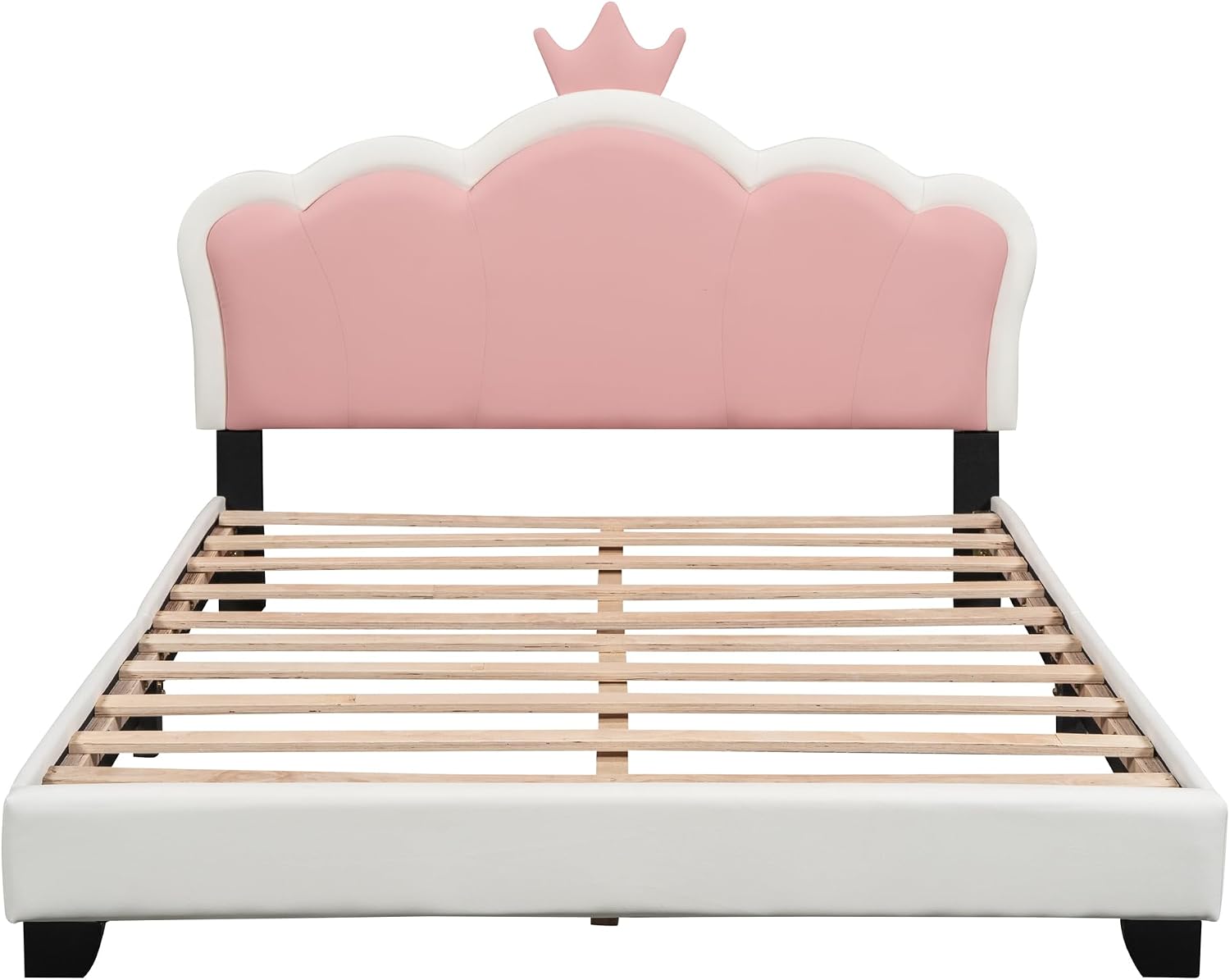 Merax Kid Full Upholstered Day Bed Frame with Crown Headboard, Wood Princess Low Platform Bed for Boys Girls,Easy Assemble White+Pink