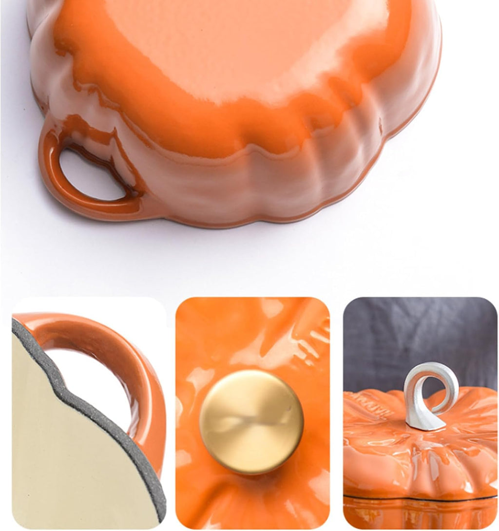 Enameled Cast Iron Dutch Oven with Lid Pumpkin Cocotte,Pumpkin Cast Iron Dutch Oven, Enameled Cast Iron Figural Pumpkin Braiser, Non-Stick Crock-Pot Stock Pot, 3-5 Servings, Halloween Thanksgiving,B