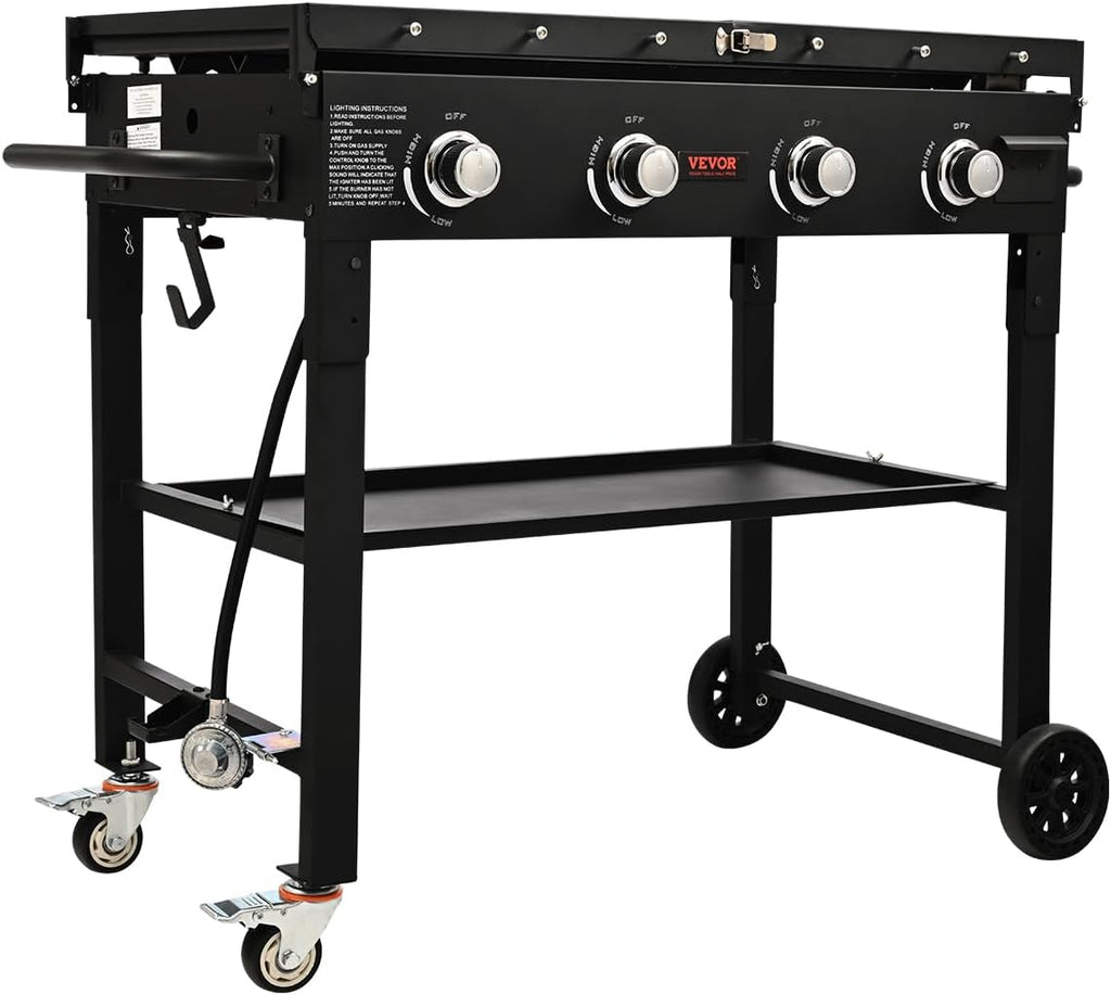 Propane Griddle on Cart, 36' Heavy Duty Manual Flat Top Griddle, Outdoor Cooking Station with Side Shelves, Steel Propane Gas Griddle, 4-Burners Restaurant Portable Grill - 60,000 BTU
