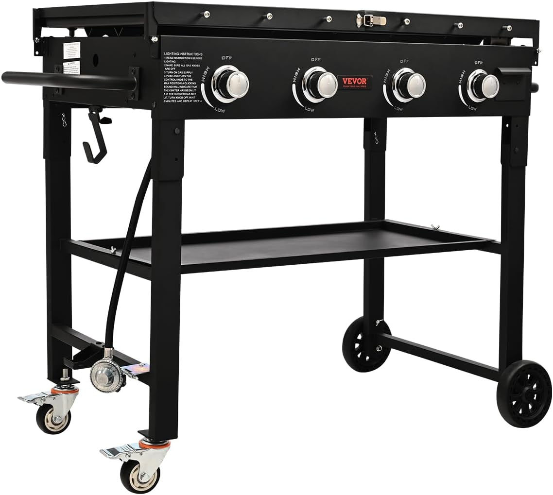 Propane Griddle on Cart, 36' Heavy Duty Manual Flat Top Griddle, Outdoor Cooking Station with Side Shelves, Steel Propane Gas Griddle, 4-Burners Restaurant Portable Grill - 60,000 BTU